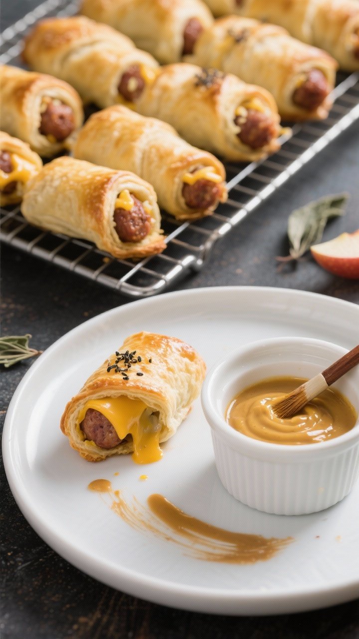 45-degree angle shot of apple cheddar sausage rolls on a wire rack: golden puff pastry wrapped around breakfast sausage mixed with grated Honeycrisp apple, sharp cheddar, Dijon, dried sage, and black pepper; a bite revealing juicy interior and melted cheese; a ramekin of mustard maple dip alongside, brush marks of sauce on plate.