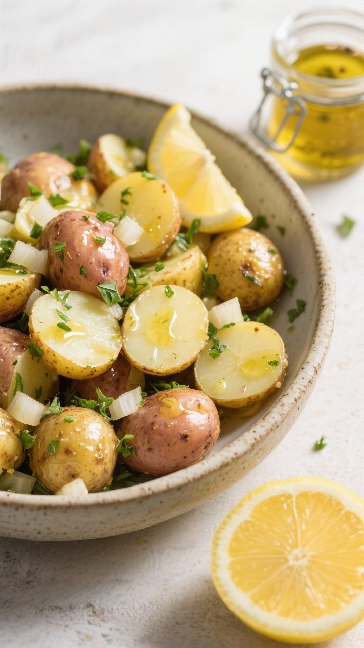 45-degree angle shot of bright lemon-herb potato salad (no mayo): halved baby potatoes glistening with extra-virgin olive oil, lemon juice, white wine vinegar, Dijon, and honey dressing; minced shallot and chopped fresh herbs scattered throughout; served warm in a stoneware bowl with lemon wedges and a small jar of vinaigrette nearby.