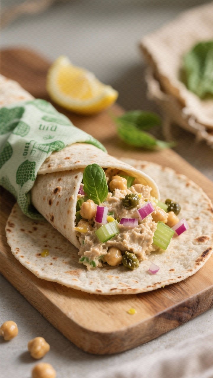 45-degree angle shot of chickpea “tuna” salad wraps being rolled on a board, set in beeswax cloth: mashed chickpeas mixed with vegan/regular mayo, Dijon mustard, lemon juice, chopped capers, finely diced celery, and red onion; the filling mounded on whole-grain tortillas, some basil-green beeswax wraps partially folded; vibrant, creamy texture with flecks of capers and red onion; soft natural light, sustainable styling.