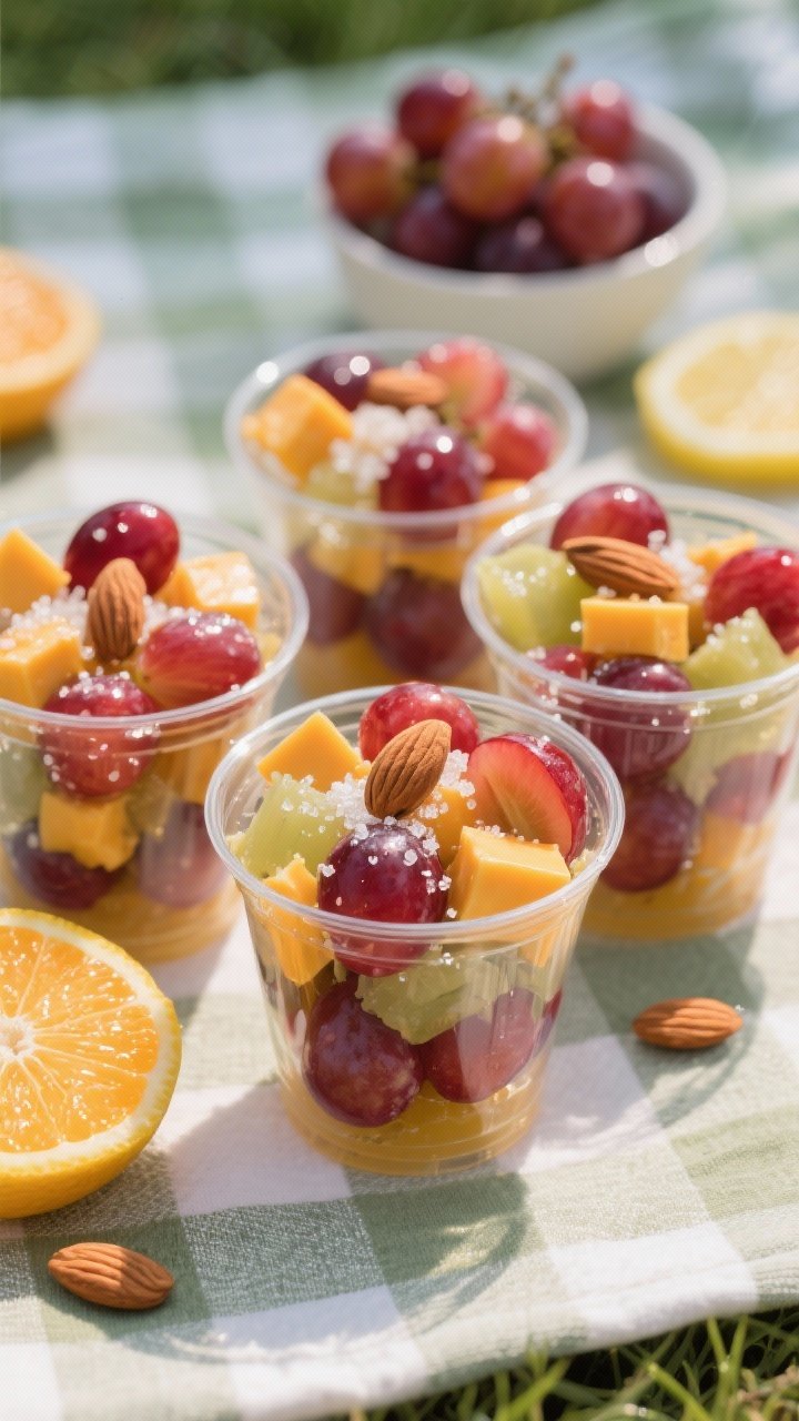 45-degree angle shot of clear snack cups layered with halved red and mixed grapes lightly glistening with lemon and orange juice, tiny sugar crystals catching the light, studded with sharp cheddar cubes and sprinkled with toasted almonds; cups arranged in a casual cluster on a picnic gingham cloth with citrus wedges and a small bowl of extra grapes in the background; fresh, sparkling mood, shallow depth of field.