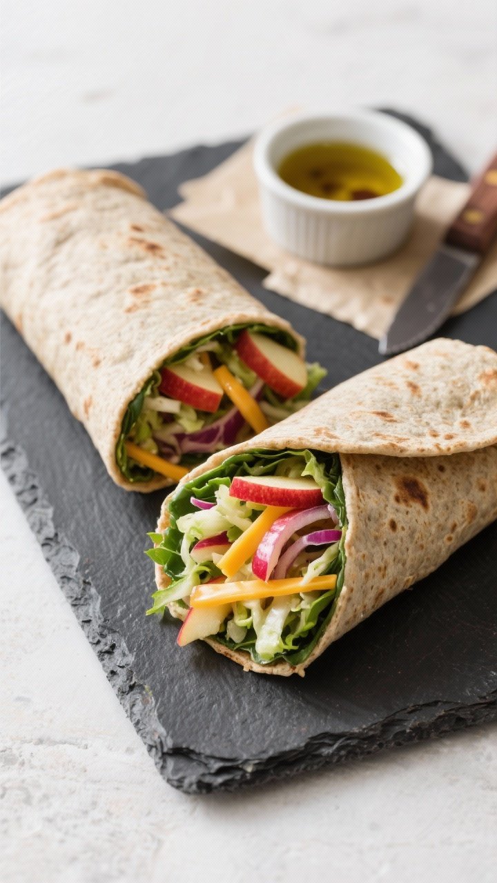 45-degree angle shot of crunchy apple and sharp cheddar slaw wraps sliced on the bias to show the filling: shredded green and red cabbage, matchstick Honeycrisp apple, thinly sliced red onion, and ribbons of sharp cheddar inside whole-wheat and spinach tortillas; tight roll with no sogginess, crisp textures glistening; set on a slate board with a small ramekin of vinaigrette, parchment squares, and a knife; bright, clean light for freshness.