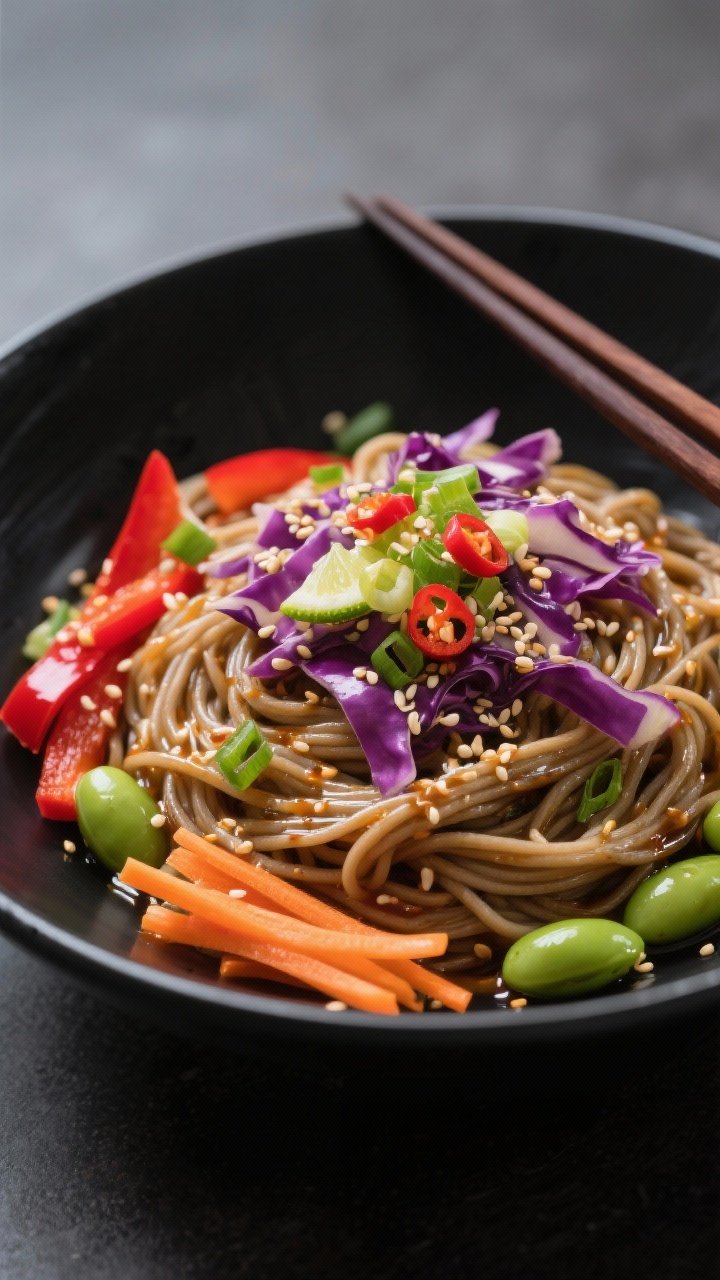 45-degree angle shot of crunchy sesame soba: tangle of soba noodles topped with shredded purple cabbage, thin red bell pepper, julienned carrots, sliced scallions, edamame, and a glossy sesame dressing; sprinkled toasted sesame seeds and a chili-lime crunch garnish; served in a matte black bowl for color pop, chopsticks resting on the rim.