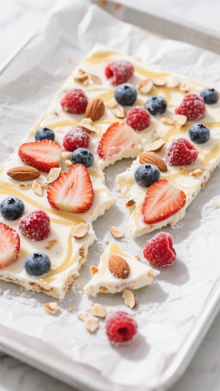 45-degree angle shot of frozen yogurt berry bark on a parchment-lined sheet: marbled vanilla Greek yogurt sweetened with honey, studded with sliced strawberries, blueberries, and raspberries, and sprinkled with chopped toasted almonds; shards broken to show icy, creamy texture with crunchy toppings; frosty edges, minimal props, bright daylight for a clean, refreshing feel.