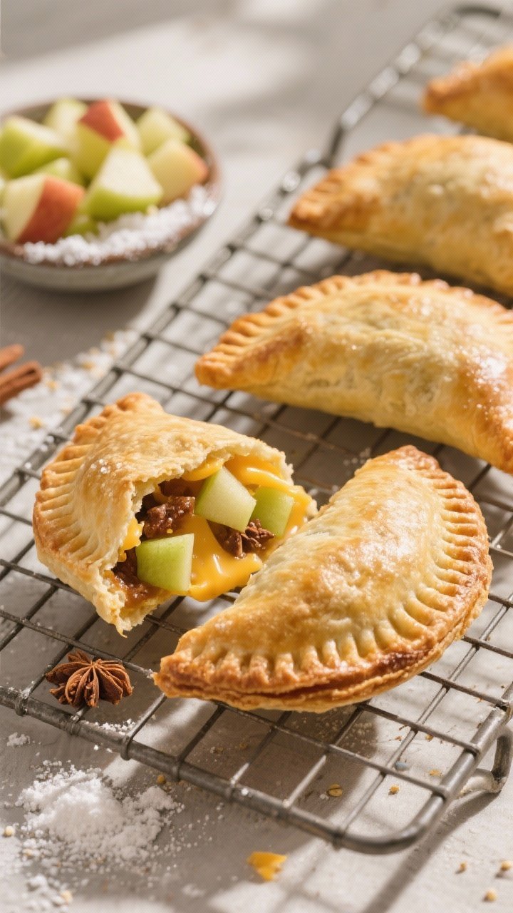 45-degree angle shot of golden, flaky apple cheddar hand pies on a wire rack, one broken open to reveal diced Granny Smith apples, melted sharp cheddar, and spiced filling with cinnamon, nutmeg, brown sugar, and a hint of lemon; a small bowl of cornstarch-dusted apple dice in the background; warm afternoon light highlighting crisp layers.