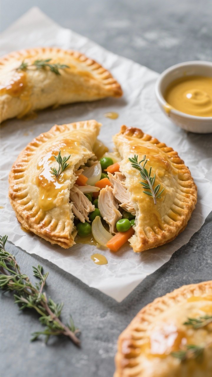 45-degree angle shot of golden maple-mustard roast chicken hand pies on parchment: flaky hand pies with crimped edges, glossy tops brushed and sprinkled with fresh thyme; one pie broken open to reveal shredded chicken, sautéed onion, and peas and carrots bound with Dijon mustard and a hint of maple syrup; a small bowl of Dijon-maple glaze and thyme sprigs nearby, on a cool slate surface.