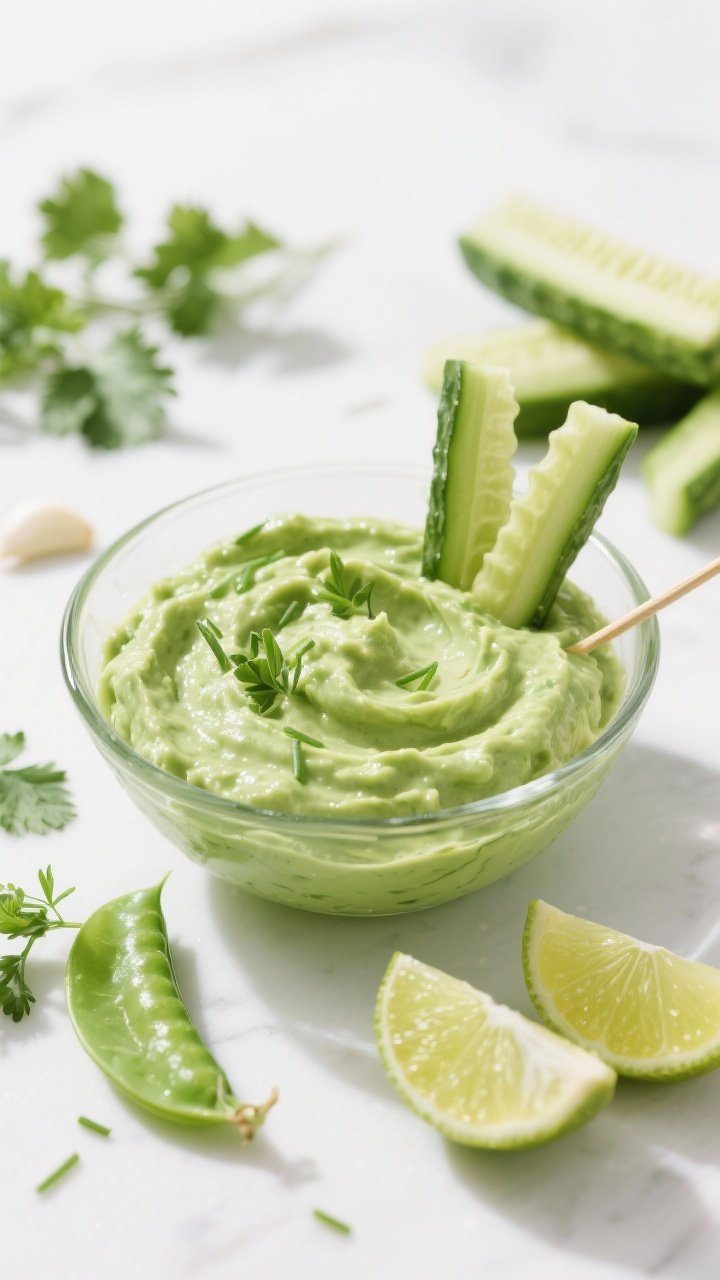 45-degree angle shot of Green Goddess Avocado Dip: ultra-green creamy blend of ripe avocados, Greek (or coconut) yogurt, cilantro, parsley, chives, garlic, and lime juice; presented in a glass bowl to show thickness; lime wedges and fresh herb sprigs scattered; ridged vegetable crudités (cucumber, snap peas) for dipping; bright, fresh, spa-like mood with clean white surface and soft daylight.