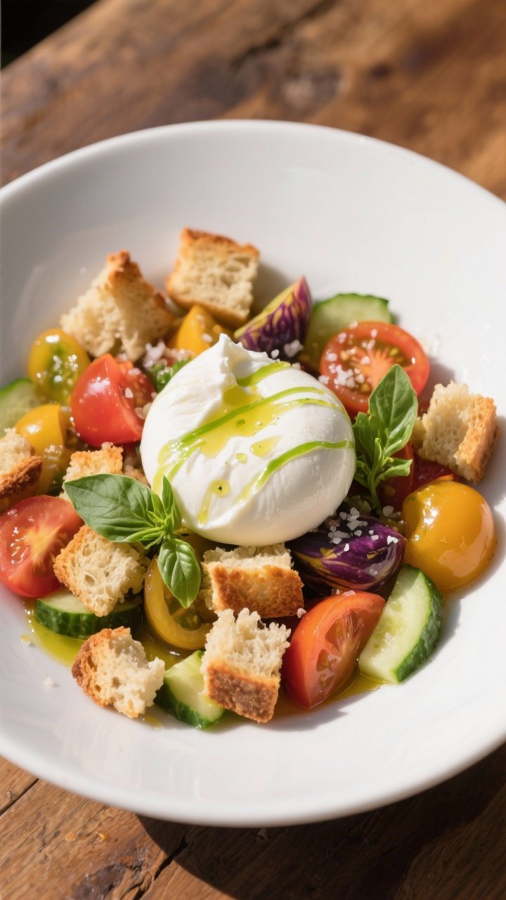 45-degree angle shot of heirloom tomato burrata panzanella in a wide white bowl: torn day-old sourdough croutons glistening with olive oil, chunks of multicolored heirloom tomatoes, thin cucumber slices, torn burrata oozing cream, basil oil drizzled in vivid green streaks, extra olive oil drizzle catching light, coarse sea salt sprinkle, rustic wooden table, Italian summer mood.