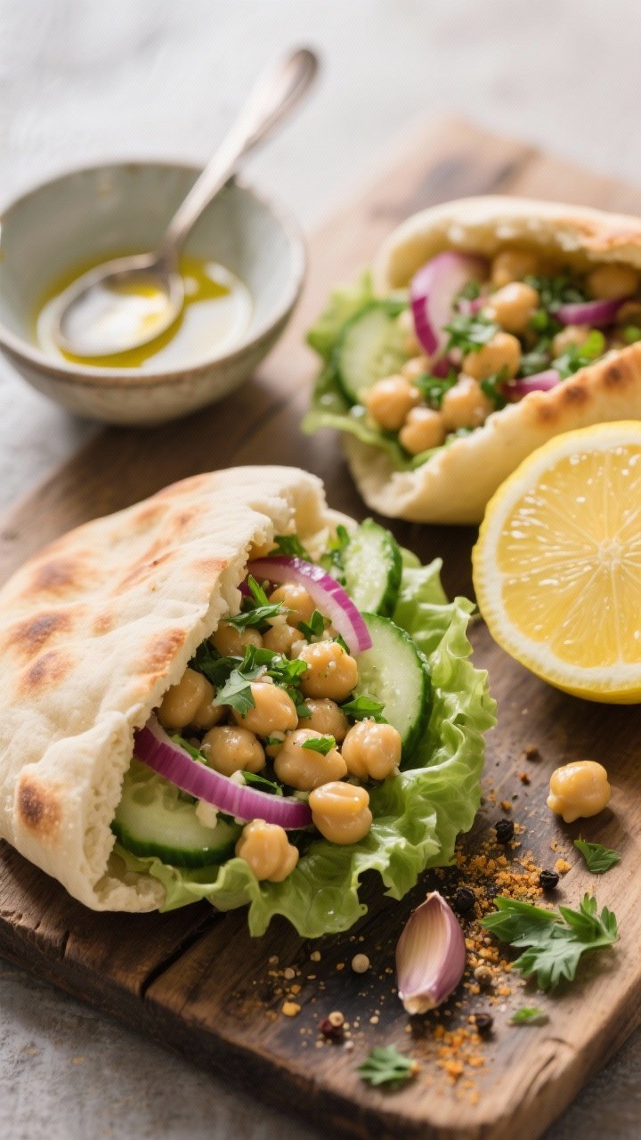 45-degree angle shot of herbed chickpea salad stuffed into warm pita halves, showing visible chickpeas coated in olive oil, lemon juice, Dijon, kosher salt, black pepper, and garlic powder, flecked with finely chopped herbs (parsley). Include thinly sliced red onion and crunchy cucumber tucked inside. Place extra filling in a small bowl with a spoon, a cut lemon, and a drizzle of olive oil nearby. Focus on preventing sogginess: pitas lined with lettuce leaves. Soft diffused daylight, rustic board.