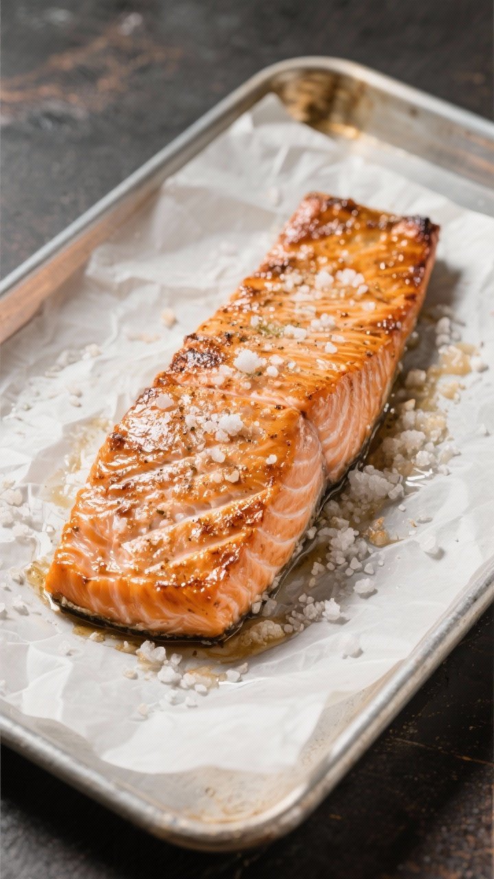 45-degree angle shot of mineral sea salt roasted salmon on a parchment-lined sheet pan: a glistening