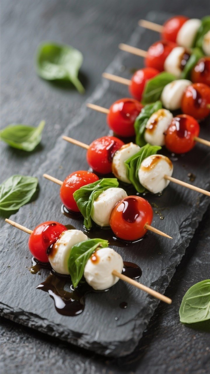 45-degree angle shot of mini Caprese skewers neatly lined on a slate board: cherry tomatoes, fresh mozzarella balls (ciliegine), and whole basil leaves threaded on short picks, glistening with olive oil and finished with a glossy balsamic glaze drizzle; a few extra basil leaves scattered, high contrast, vibrant reds, whites, and greens.