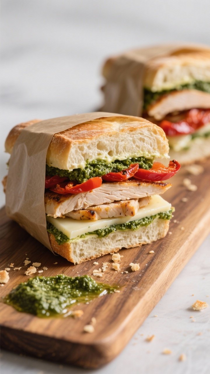 45-degree angle shot of no-sog ciabatta sandwich stacks on a wooden board: layered pesto or basil mayo, slices of provolone or mozzarella, roasted turkey or grilled chicken, and roasted red peppers patted dry; pressed and sliced into neat squares, wrapped partly in parchment for crunch insurance; crumbs and a smear of pesto on the board for appetite appeal.