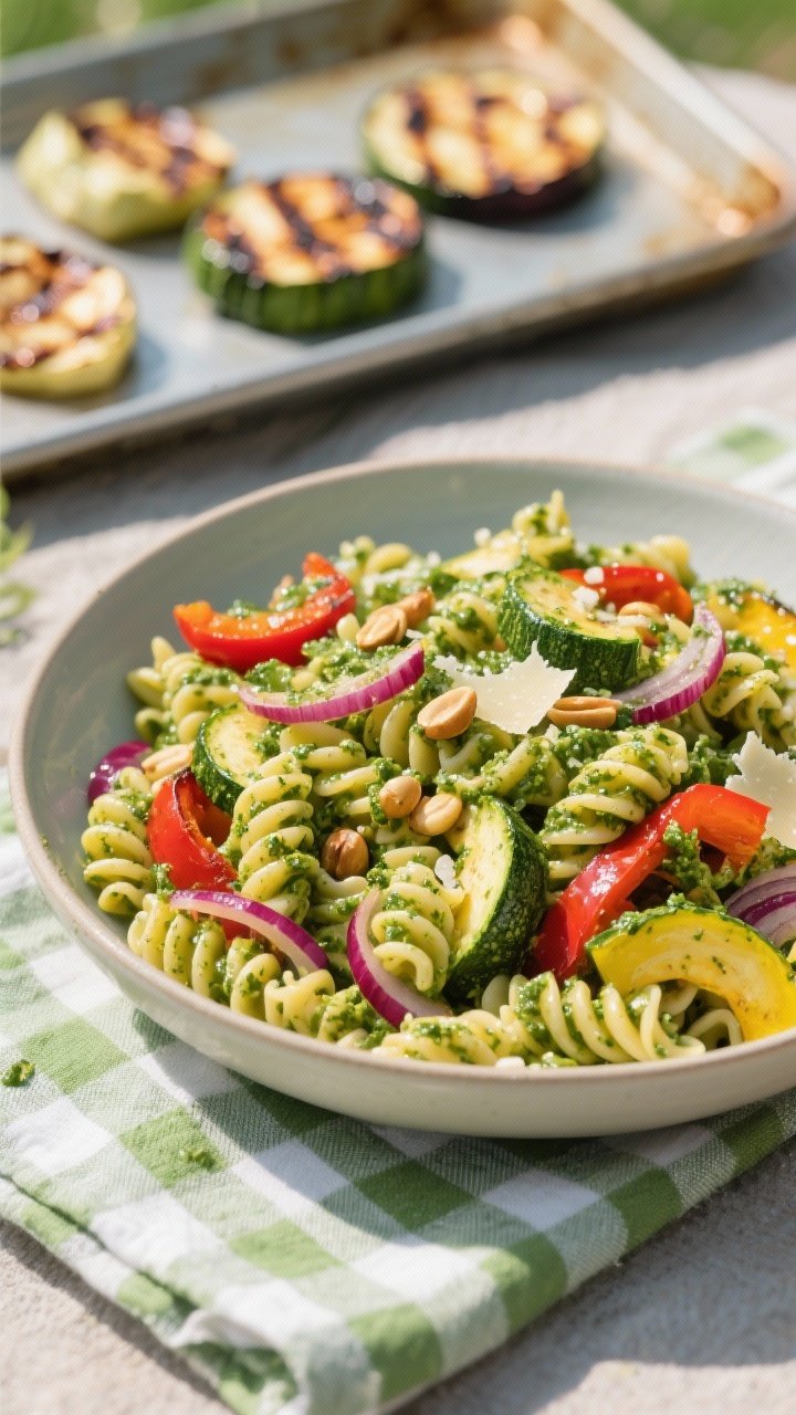 45-degree angle shot of pesto pasta salad in a wide, shallow bowl: fusilli coated in vibrant green pesto, mixed with roasted red bell pepper, zucchini, yellow squash, and caramelized red onion slices. Visible olive oil gloss and flecks of parmesan and pine nuts tossed in. A baking sheet with a few charred veggie pieces blurred in the background, evoking the roasted preparation. Summer picnic styling with a gingham napkin.