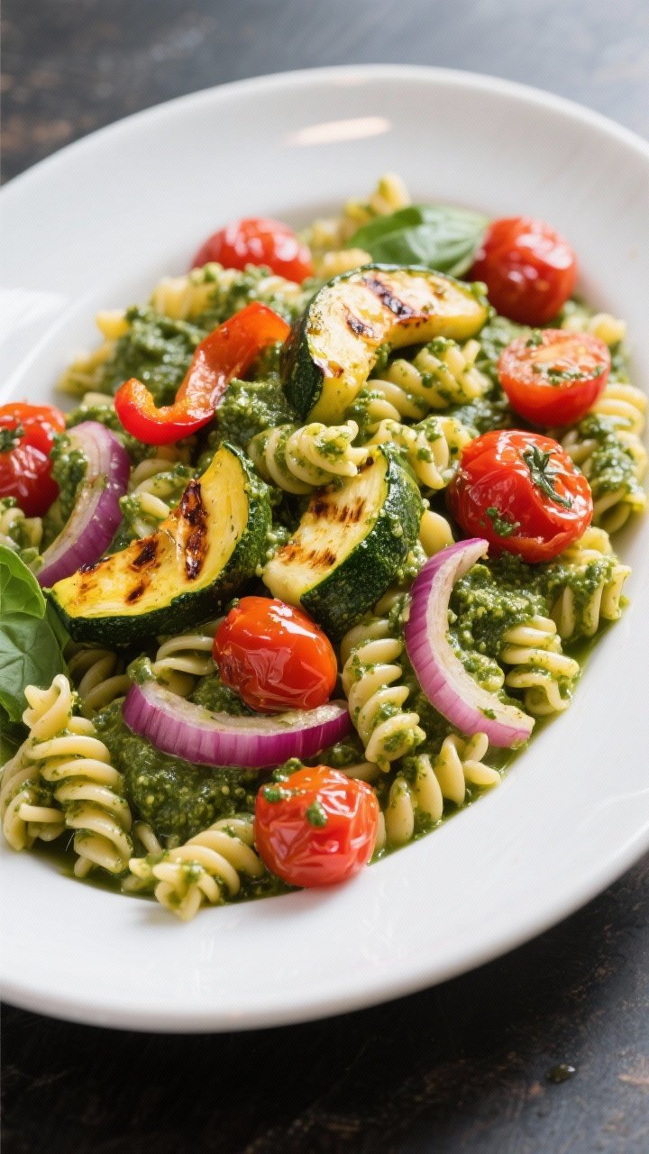 45-degree angle shot of pesto pasta with roasted veggies: short pasta (fusilli) tossed in glossy basil pesto, studded with roasted zucchini, yellow squash, red onion wedges, red bell peppers, and burst cherry tomatoes; olive oil sheen and toasted edges on vegetables; served family-style in a wide white platter, green pesto contrasting with jewel-toned roasted veg.