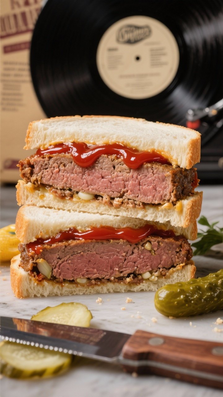 45-degree angle shot of retro meatloaf sandwiches evoking record-player vibes: thick slices of cold meatloaf (beef and pork, onion, garlic, breadcrumbs, milk, egg, Worcestershire) glazed with ketchup, layered between soft white sandwich bread with extra ketchup spread; cut in halves, stacked on a vintage vinyl sleeve backdrop; knife and pickle chips nearby.