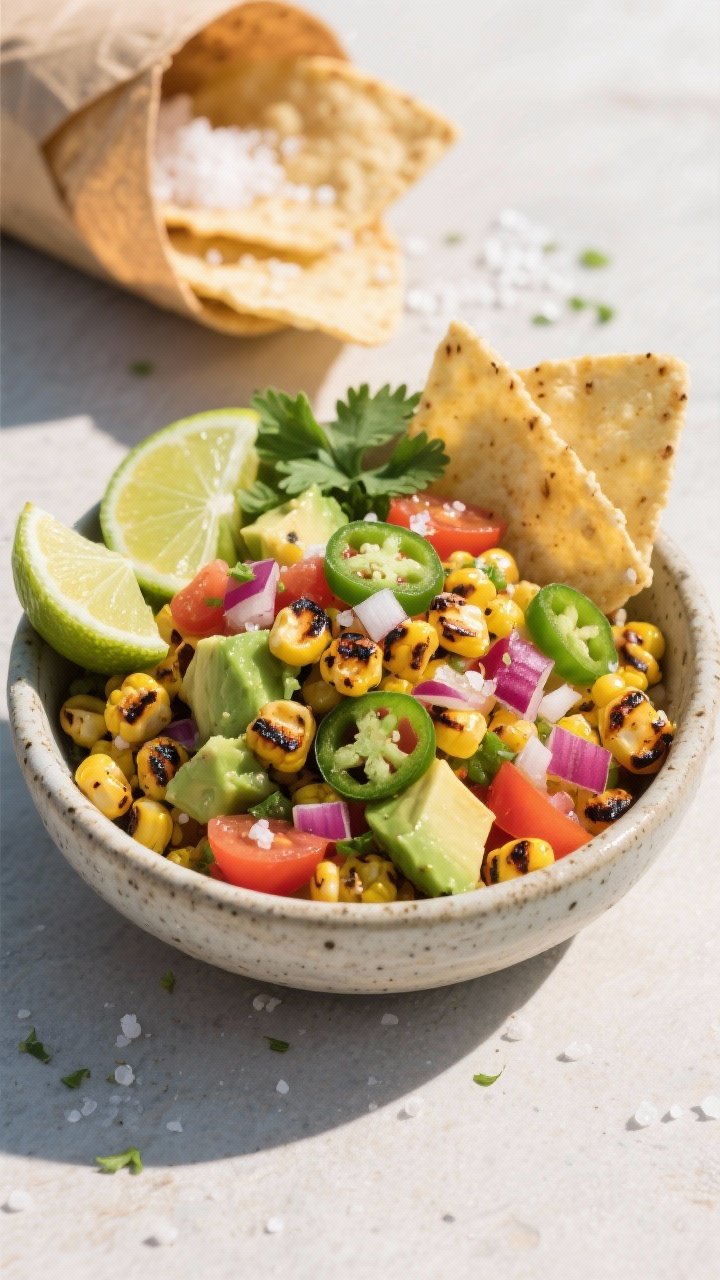 45-degree angle shot of smoky corn and avocado picnic salsa in a stoneware bowl: charred corn kernels with visible grill marks, diced ripe avocado, diced cherry tomatoes, finely chopped red onion, and minced jalapeño. Garnished with lime wedges and cilantro. A side of homemade lime-salt tortilla chips in a paper cone, with visible salt crystals and lime zest. Bright, zesty, summery colors.