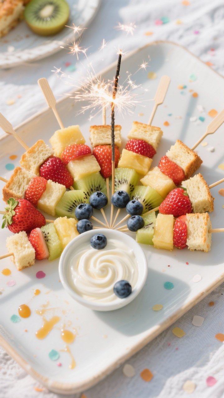 45-degree angle shot of sparkler fruit cake skewers arranged in a fan on a platter: alternating cubes of pound cake, strawberries, kiwi chunks, pineapple, and blueberries on wooden skewers, forming vibrant stripes. A small bowl of vanilla yogurt dip (Greek yogurt, vanilla, honey) swirled and topped with a few blueberries. Festive picnic vibe with confetti-like fruit juices on the plate and a soft, bright backdrop.