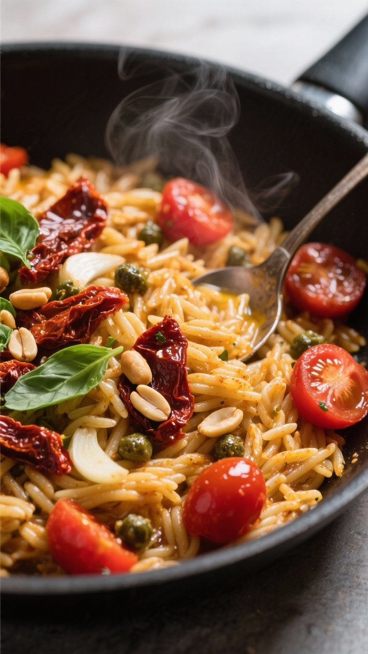 45-degree angle shot of sun-dried tomato orzo in a wide skillet: glossy orzo coated with olive oil, thinly sliced garlic, chopped oil-packed sun-dried tomatoes, halved cherry tomatoes, briny capers, and torn basil; toasted pine nuts scattered on top; steam faintly rising; golden highlights on pasta with rich reds and greens; spoon resting in skillet inviting serving.
