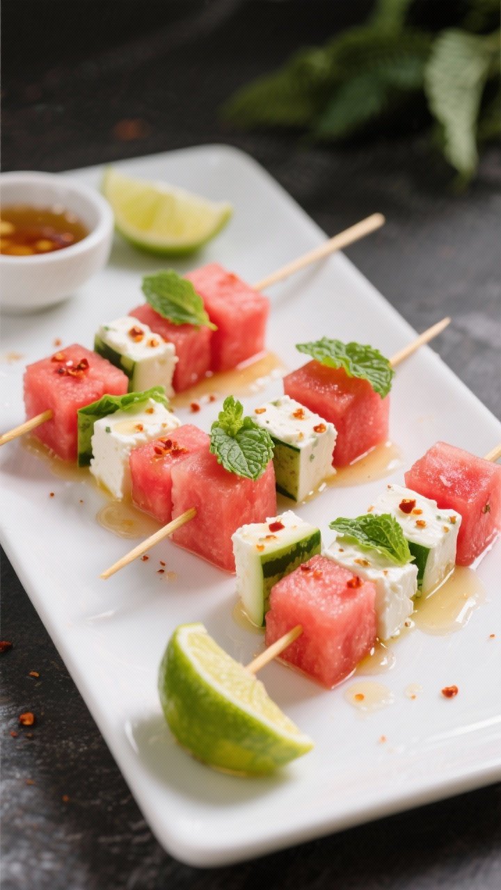 45-degree angle shot of watermelon feta skewers on a white platter: alternating 1-inch cubes of seedless watermelon and feta with fresh mint leaves tucked between; lightly drizzled with honey-lime dressing and a pinch of chili flakes; a small bowl of extra dressing and a halved lime in frame; vivid reds, whites, and greens, crisp and juicy.
