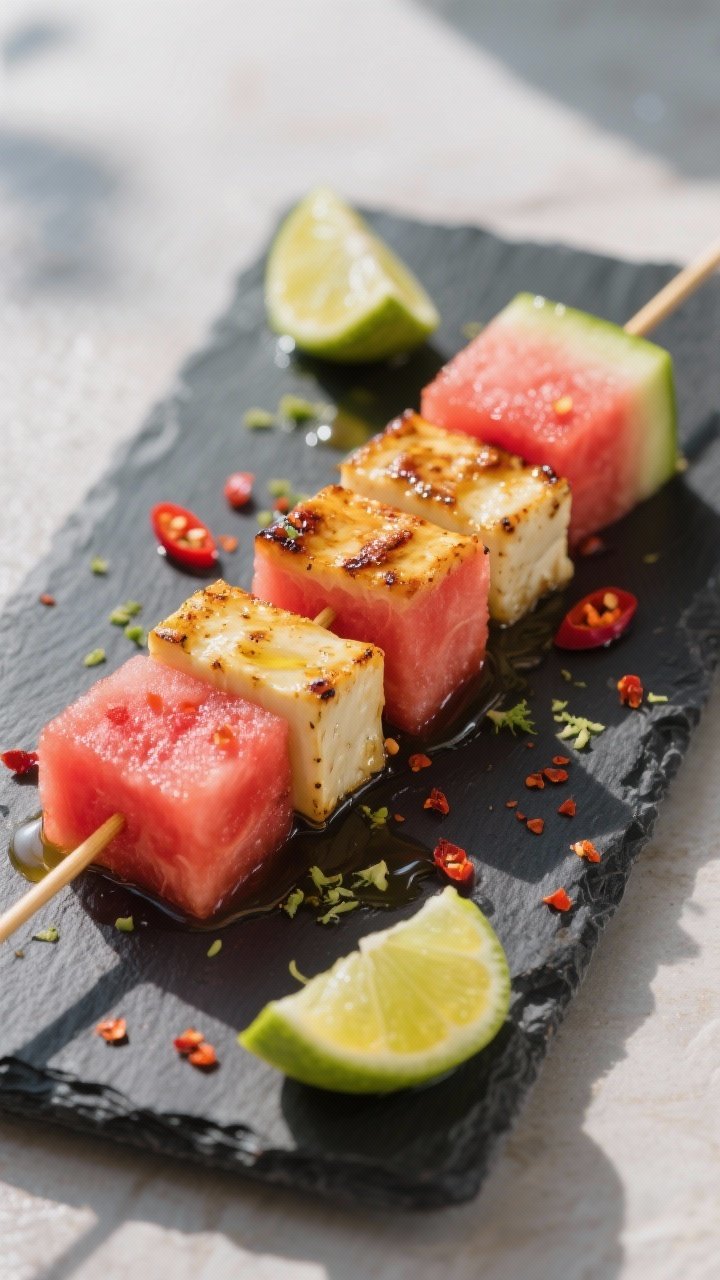45-degree angle shot of watermelon halloumi skewers on a slate board: alternating 1-inch cubes of ruby watermelon and seared golden halloumi, lightly glossed in olive oil with a chili-lime drizzle (lime zest flecks, honey sheen, red chili flakes). Garnish with lime wedges and extra chili flakes; crisp, high-contrast summer lighting, no utensils, grab-and-go vibe.