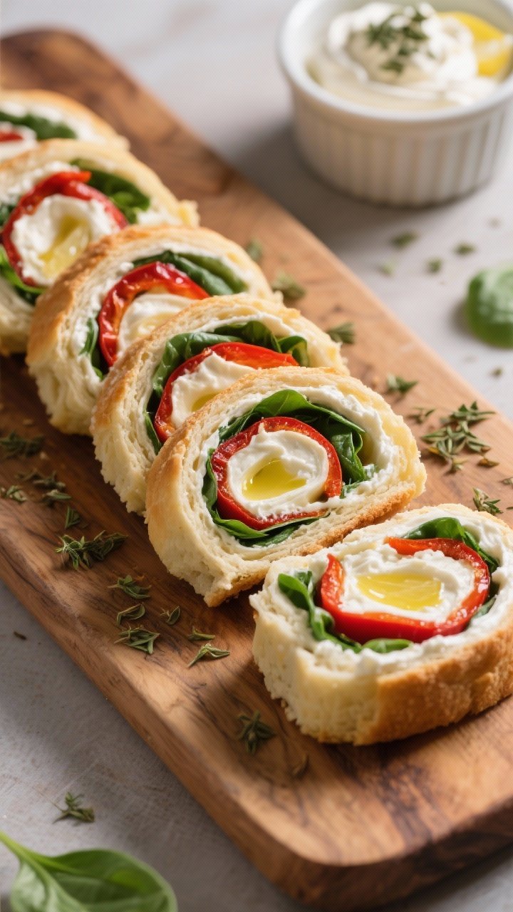 45-degree angle shot of Whipped Feta and Roasted Pepper Pinwheels sliced and fanned on a wooden board; visible swirls of whipped feta-cream cheese with olive oil, lemon juice, and dried oregano, layered with thin roasted red pepper strips and baby spinach; tight spiral crumb, clean cuts; a ramekin of extra whipped feta and oregano pinch nearby.