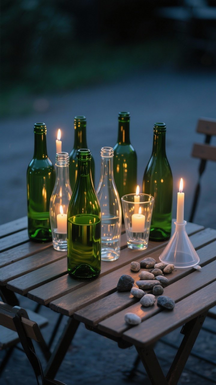 45-degree angle shot on a rustic picnic table: 4–6 clean, label-free wine bottles in emerald and clear glass, each holding a dripless taper candle burning steadily; a small funnel and a scatter of tiny stones sit nearby implying prep, warm flickering reflections in the glass for instant bistro vibes; optional LED taper shown in one bottle unlit for contrast, moody evening background.