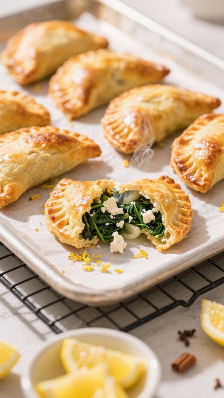 45-degree angle tray of golden savory hand pies: puff pastry turnovers crackling and deeply browned, filled with sautéed spinach, feta, onion, garlic, a whisper of nutmeg, salt, and black pepper; one hand pie broken open to reveal steamy green-and-white filling; lemon zest scattered and a small dish of lemon wedges nearby to evoke brightness; set on a wire rack over parchment, soft afternoon light.