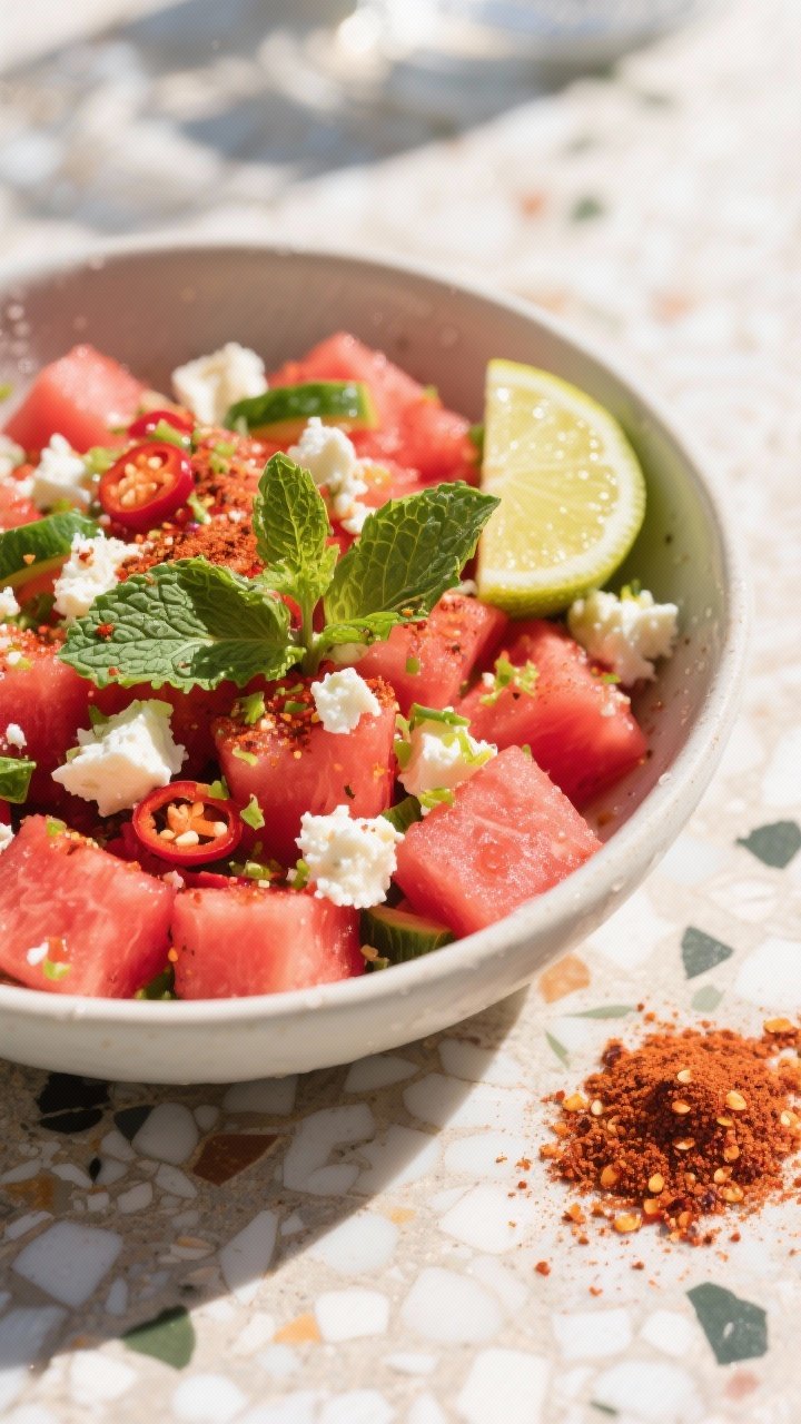 45-degree angle, vibrant bowl of chili-lime watermelon salad: juicy watermelon cubes tossed with lime zest and juice, crumbled feta, torn fresh mint leaves, and a bold dusting of chili powder/Tajín; condensation on the fruit, citrus wedge on the rim, a small heap of extra chili seasoning nearby; bright, refreshing mood on a sunlit terrazzo surface.