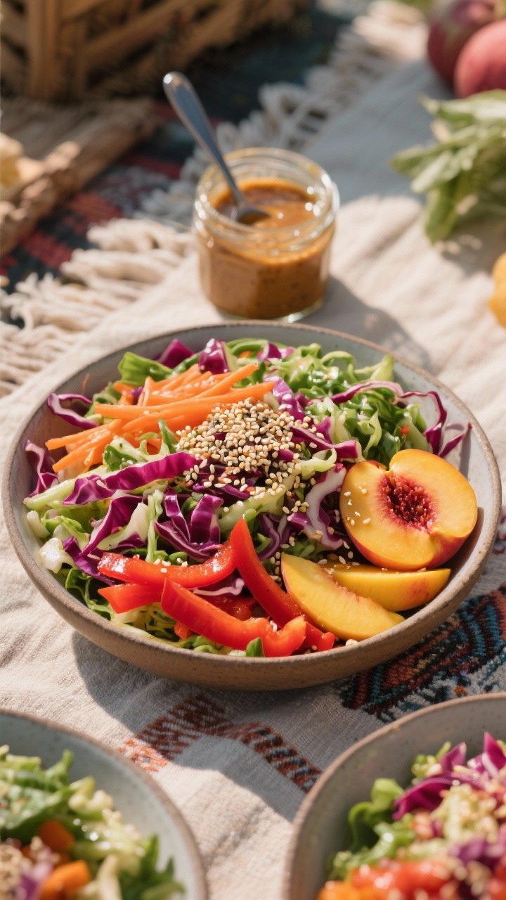 45-degree angle vibrant slaw bowl: thinly sliced red and green cabbage, julienned carrots, red bell pepper strips, and slices of mango/firm peach tossed in a glossy ginger-miso dressing; sesame seeds sprinkled, dressing jar with spoon nearby, crisp textures highlighted with bright, natural light, set on a picnic blanket for boho farmers’ market freshness.