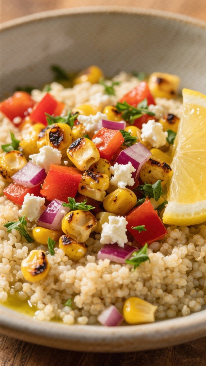 45-degree angle wide shot of Rippled Lemon-Herb Couscous: fluffy couscous in a low, wide bowl with charred corn kernels, diced red bell pepper, finely diced red onion, crumbled feta; glistening with a hint of olive oil, lemon wedges and fresh chopped herbs scattered; warm, golden light emphasizing char and crumb texture.