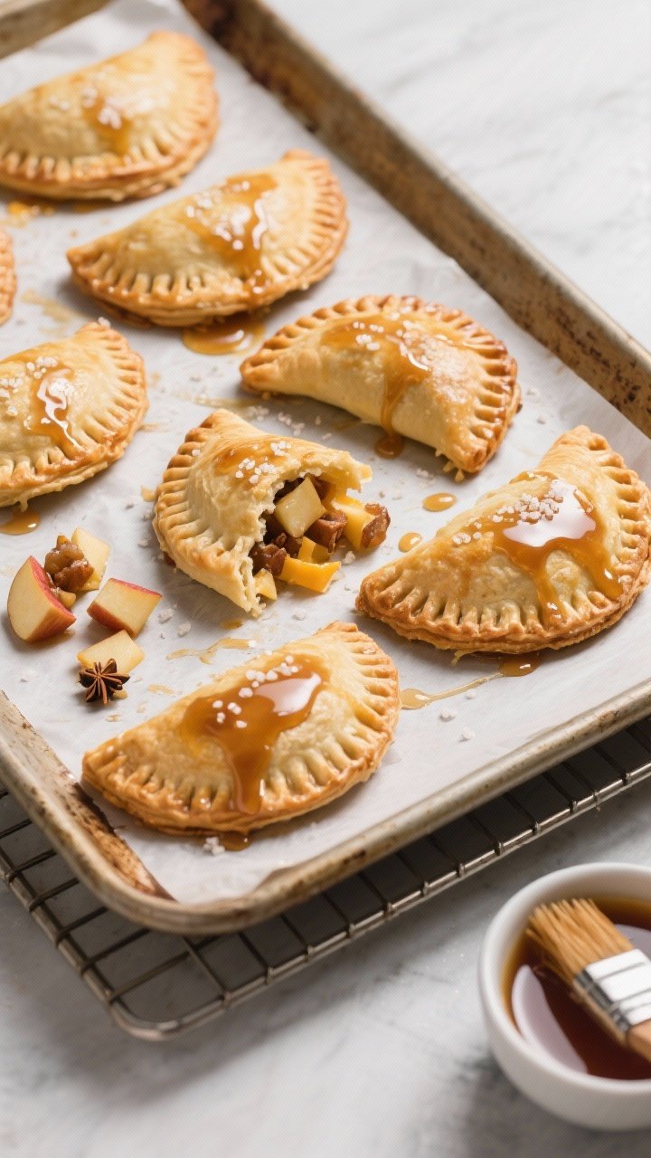 45-degree baking tray of apple cheddar hand pies: puff pastry turnovers crimped and gleaming, some broken open to reveal diced apple filling with brown sugar, cinnamon, nutmeg, and a hint of cheddar; a drizzle of salted honey glaze catching the light; set on a cooling rack over parchment, with a small bowl of glaze and pastry brush.