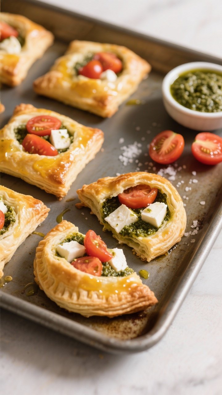 45-degree baking tray shot of Mini Caprese Pesto Pies; golden puff pastry hand pies brushed with egg wash, some cut open to reveal pesto, fresh mozzarella cubes, and quartered cherry tomatoes; flaky layers visible, a small bowl of pesto and a few halved tomatoes on the side; light sprinkle of sea salt; warm, inviting light.