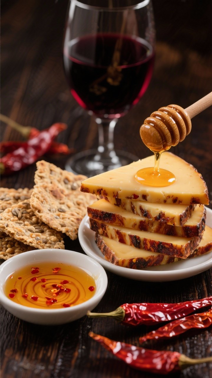 45-degree bold personality close-up: stacked slices of smoked Gouda with visible smoky rind, a small dish where honey is mixed with chili crisp (swirls of amber and red flecks) ready to drizzle over the cheese, multigrain crackers and pita chips, roasted red pepper strips glossy and drained, Zinfandel glass in the back with deep garnet hues; dark wood, punchy color contrast, focus on sticky-spicy honey threads pulling.
