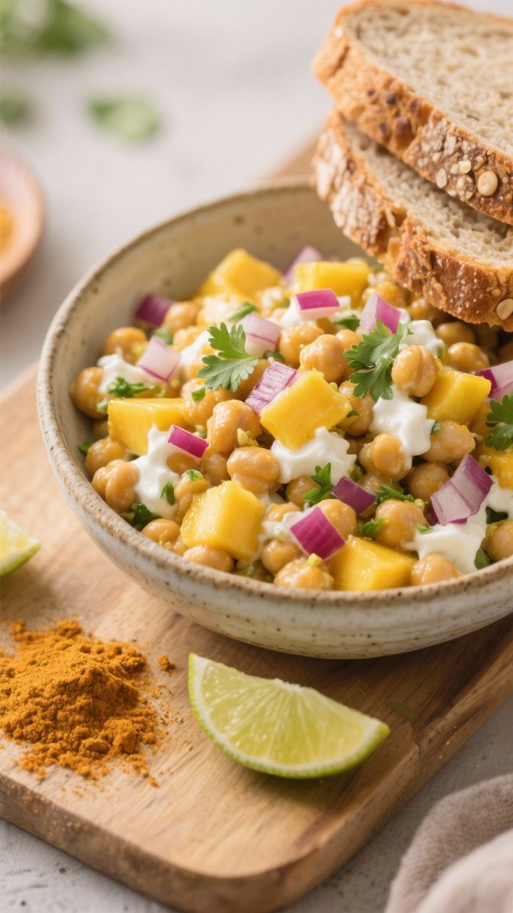 45-degree bowl-and-bread composition of curried mango chickpea salad: a rustic bowl with chunky chickpea salad bound with Greek yogurt (and a touch of mayo), mild curry powder, lime juice, finely diced red onion, and small mango cubes; flecks of cilantro; multigrain bread slices stacked alongside ready for sandwiching; sprinkle of curry powder and lime wedge nearby; warm golden tones to celebrate spice and sweet mango.