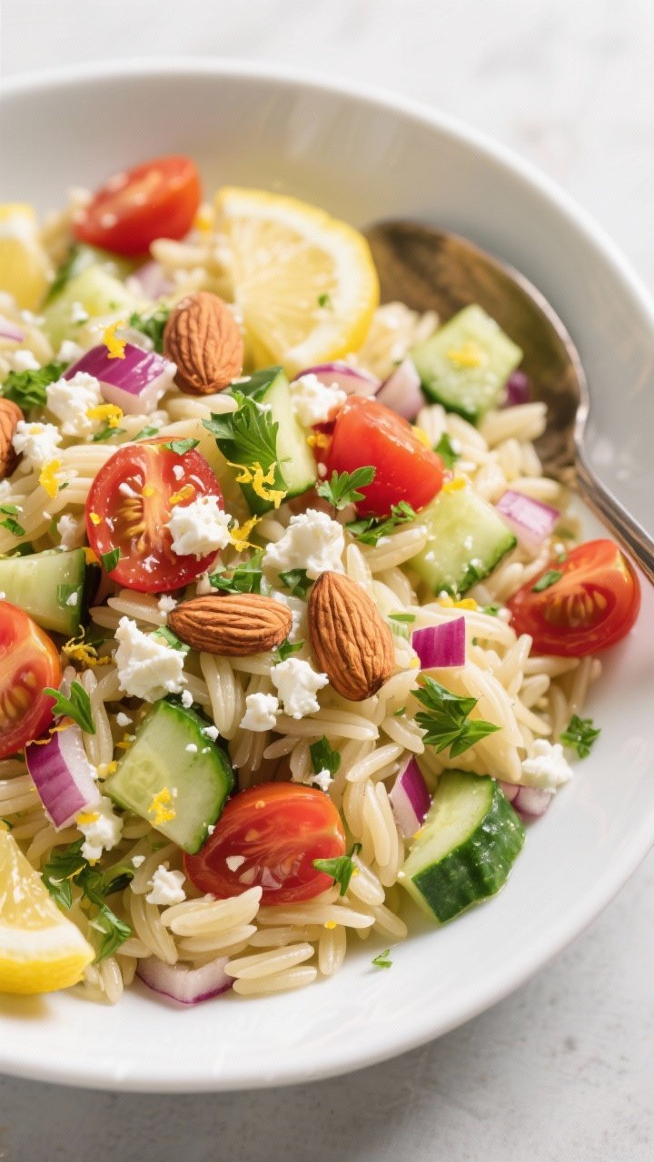 45-degree bowl shot of crunchy lemon-herb orzo salad: tender orzo folded with diced English cucumber, halved cherry tomatoes, finely chopped red onion, crumbled feta, toasted slivered almonds, chopped parsley, and a bright lemony herb dressing; lemon zest flecks visible, served in a wide white bowl with a spoon, emphasizing fresh crunch and citrus sparkle.