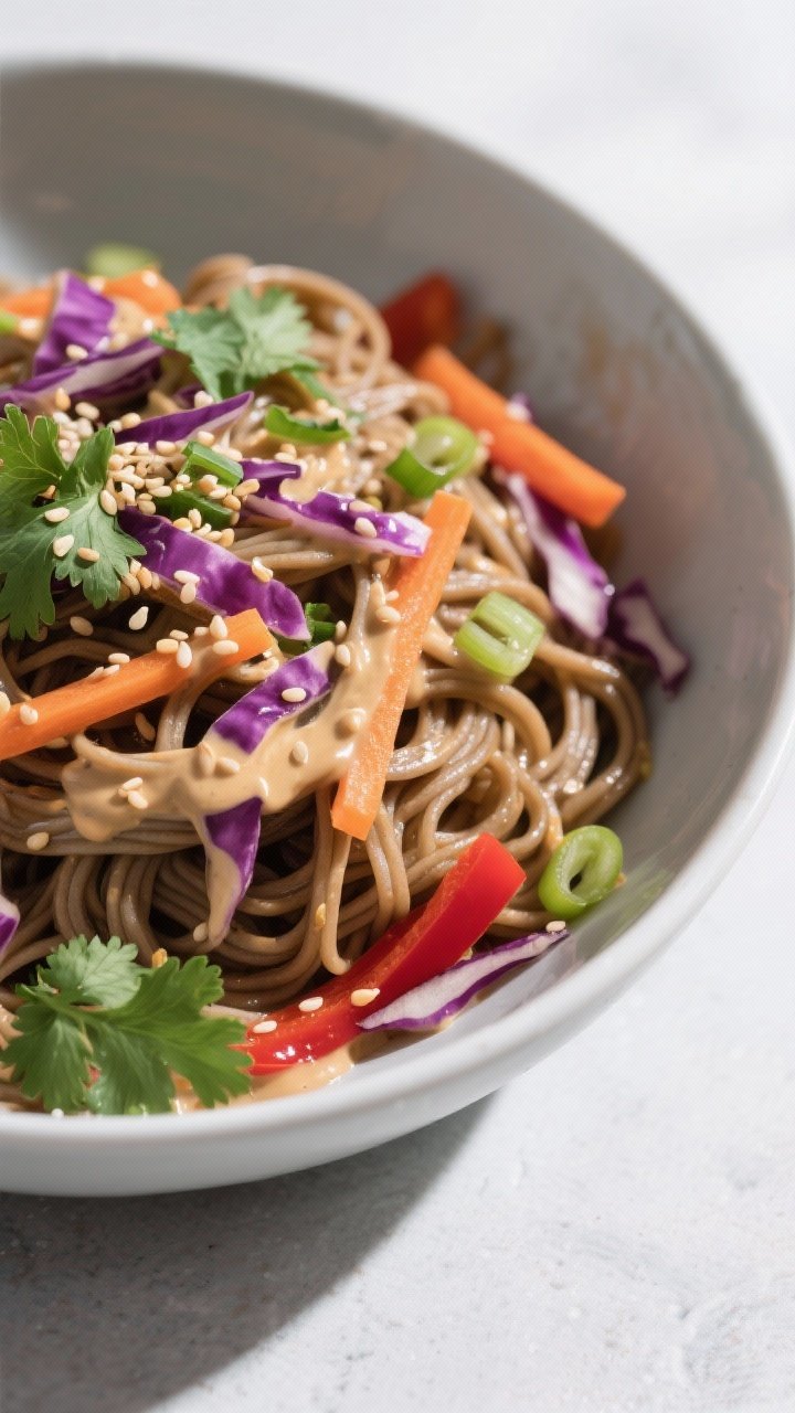 45-degree bowl shot of miso-tahini soba noodle salad: tangled soba dressed in a creamy miso-tahini sauce, scattered with shredded purple cabbage, julienned carrots, thin red bell pepper, sliced scallions, cilantro leaves, and toasted sesame seeds. Slight gloss on noodles, a few sesame seeds on the rim, cool-toned daylight with crisp, modern styling.