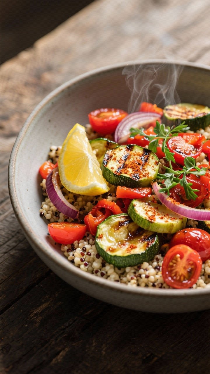 45-degree bowl shot of Zesty Quinoa and Roasted Veg Power Bowls: fluffy quinoa base topped with roasted zucchini rounds, red bell pepper chunks, red onion wedges, blistered cherry tomatoes, all tossed with olive oil and smoked paprika; a lemon wedge and fresh herbs for brightness; charred edges visible, steam faintly rising, presented in a matte ceramic bowl on a rustic table.