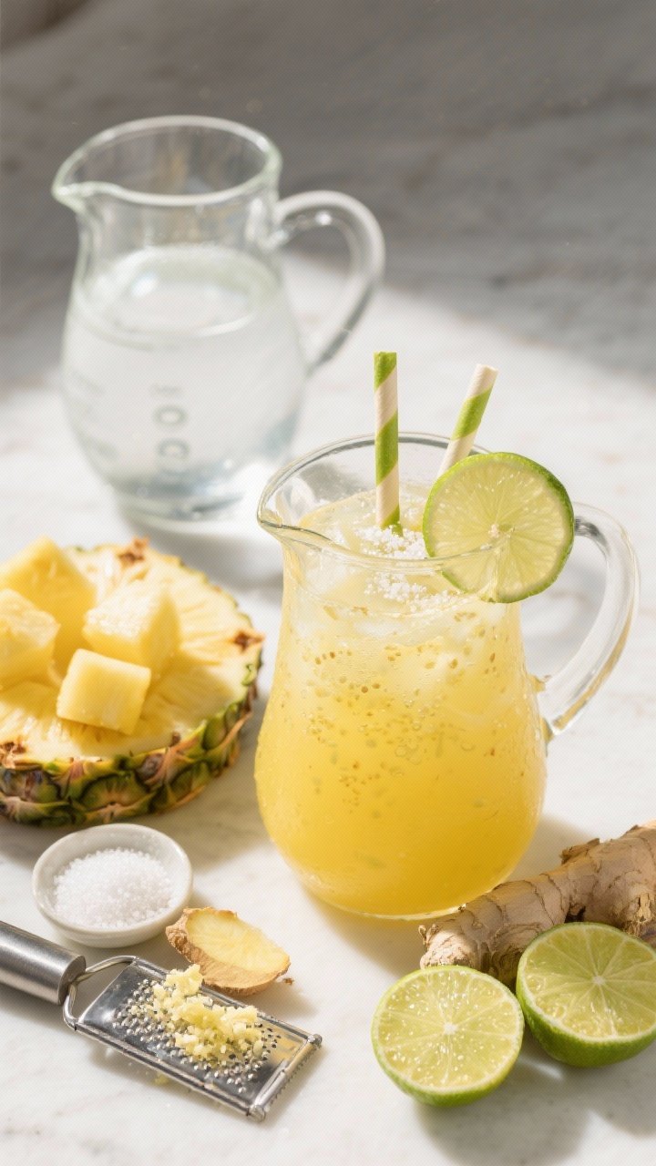 45-degree bright tropical shot of Pineapple Ginger Agua Fresca in a clear pitcher: golden-yellow drink with tiny pineapple fibers, micro-bubbles from a vigorous stir, lime wheels and pineapple sticks as garnish, a pinch of salt for balance; nearby are fresh pineapple chunks (4 cups), a microplane with grated fresh ginger, lime halves for 2 tablespoons juice, sugar/agave dish, and a jug with 3 cups cold water; crisp, sun-drenched, inviting.