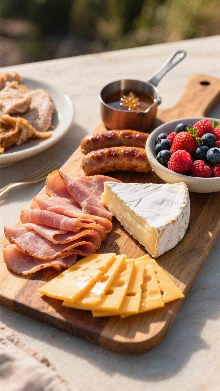 45-degree brunch board with sweet-savory harmony: neat folds of smoked ham, browned turkey/chicken breakfast sausage links cooled and sliced on the bias, creamy wedge of brie, sharp cheddar slices fanned, a bowl of mixed berries (strawberries, blueberries, raspberries), and a small pot of maple syrup; warm morning light, inviting and travel-ready feel.