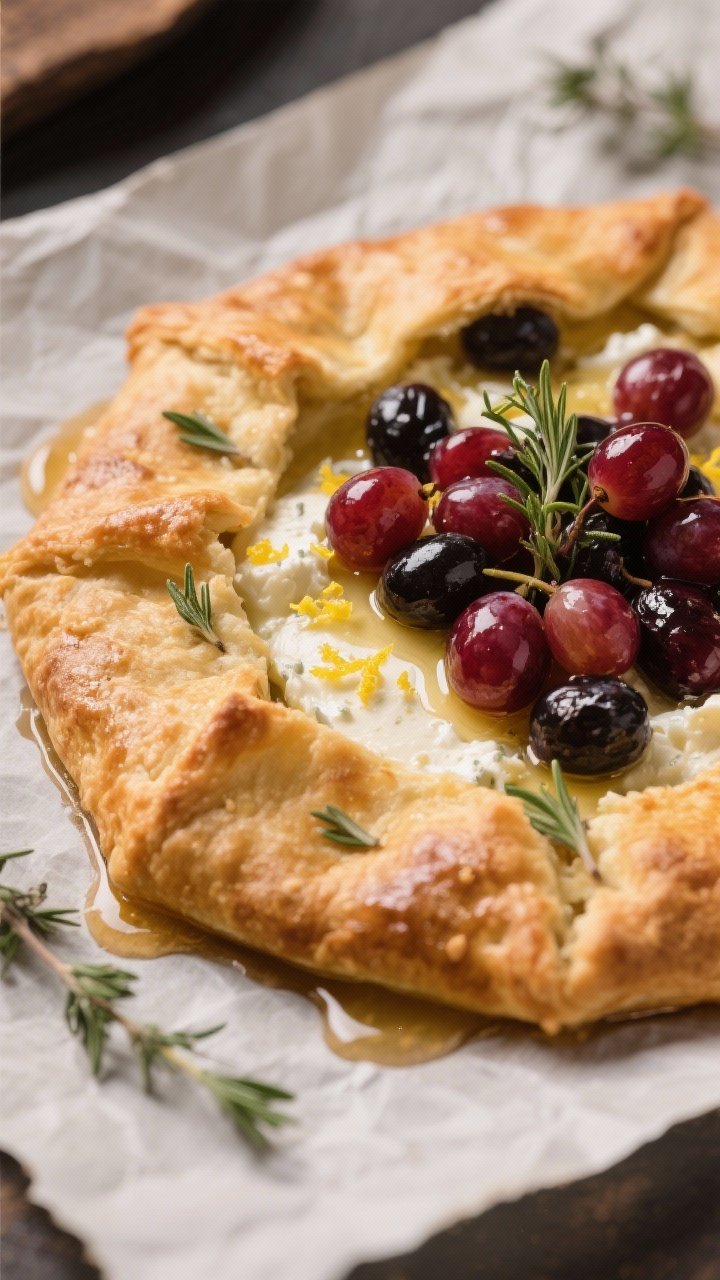 45-degree capture of a rustic savory grape, goat cheese, and thyme galette on parchment: golden, flaky crust folded over a filling of softened goat cheese scented with lemon zest and honey, crowned with glossy red/black grapes tossed in olive oil and a hint of balsamic; fresh thyme leaves scattered, syrupy juices pooling slightly; warm, cozy tones, crisp crust texture highlighted.