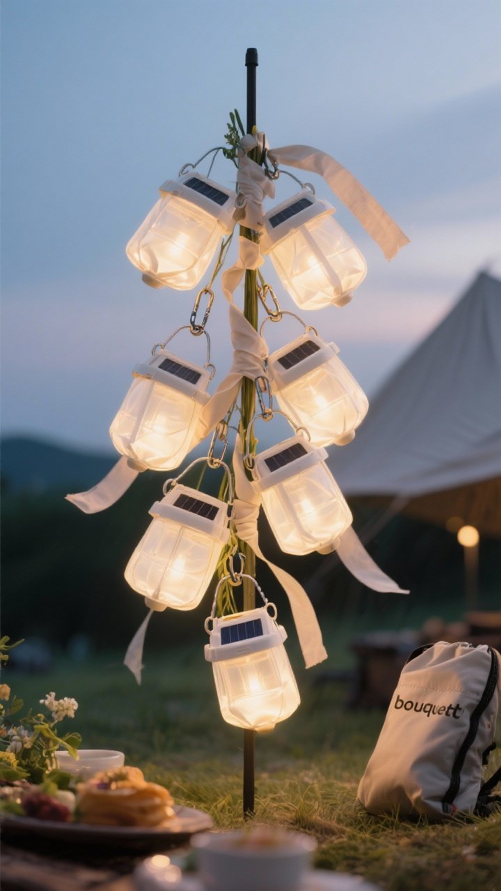 45-degree close shot of a “bouquet” of 4–8 collapsible solar lanterns (warm white) clipped together with small carabiners at varied heights around one tall stake; optional soft-toned fabric ribbons flutter slightly; lanterns softly glowing as dusk deepens, neat folds and translucent textures visible, compact pack-down gear implied by an empty pouch off to the side.