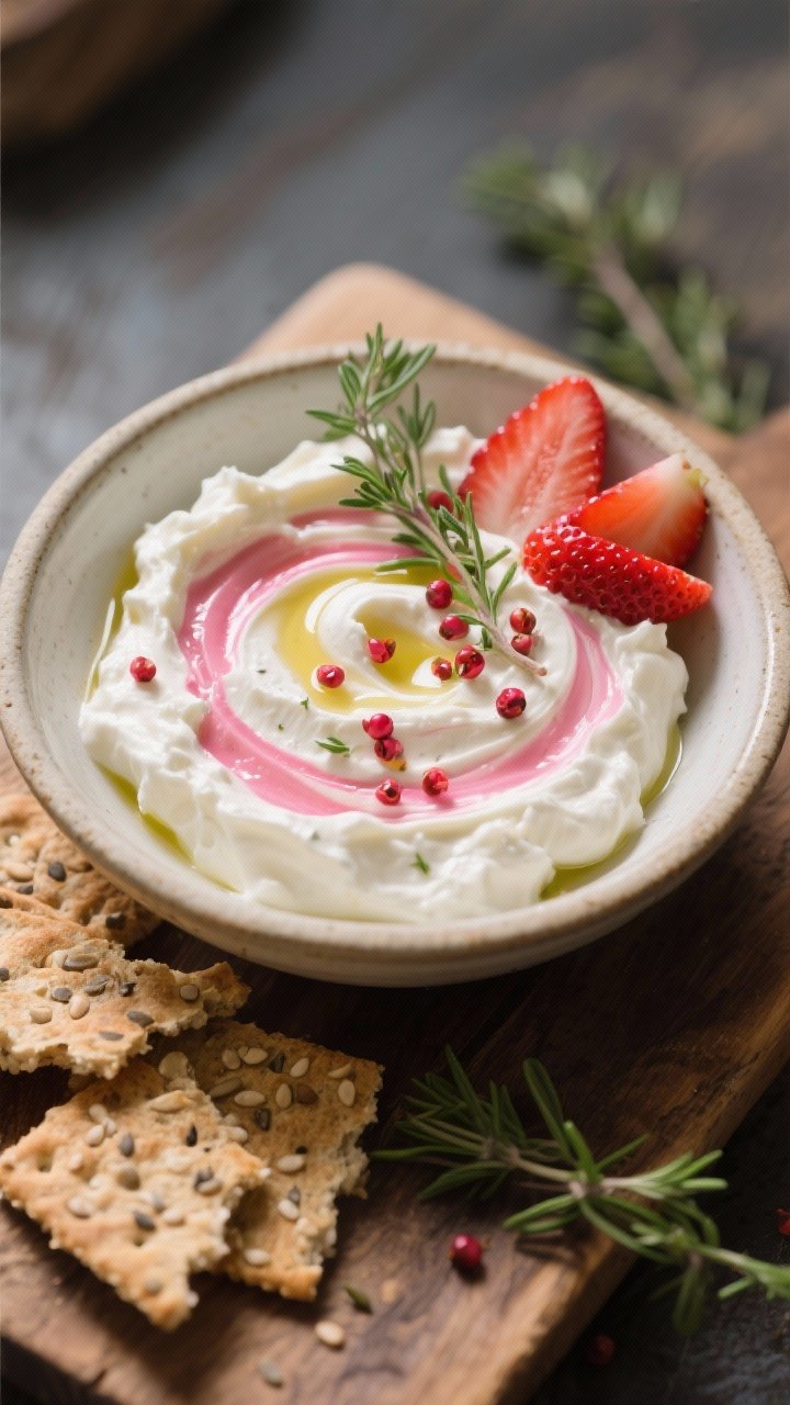 45-degree close-up of a shallow ceramic bowl filled with herbed whipped goat cheese, ultra-smooth and cloud-like, marbled with a glossy pink pepper strawberry swirl; visible crushed pink peppercorns and macerated strawberry ribbons weaving through the white cheese, drizzled with a whisper of olive oil; garnished with thyme and chives, served with seeded crackers and torn sourdough on a rustic board; soft, diffused light emphasizing creamy texture and vibrant red-pink swirls.
