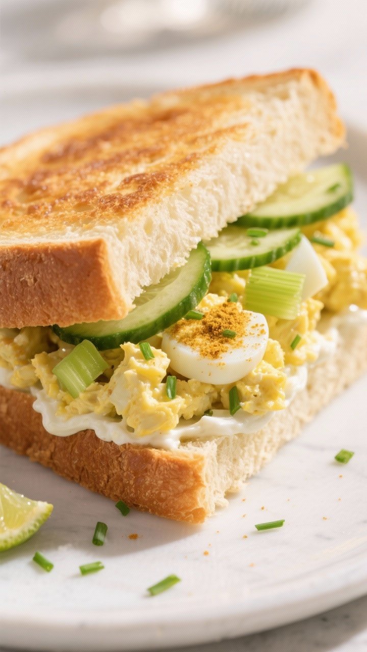 45-degree close-up of curried egg salad on buttery brioche: chopped hard-boiled eggs bound with mayonnaise, a touch of Greek yogurt, mild curry powder, lime juice, a hint of honey, finely chopped celery, and thin cucumber slices layered on top for crunch. The brioche is lightly toasted, sandwich cut cleanly to show golden curry hue, with a sprinkle of chives, fresh and sunny lighting.