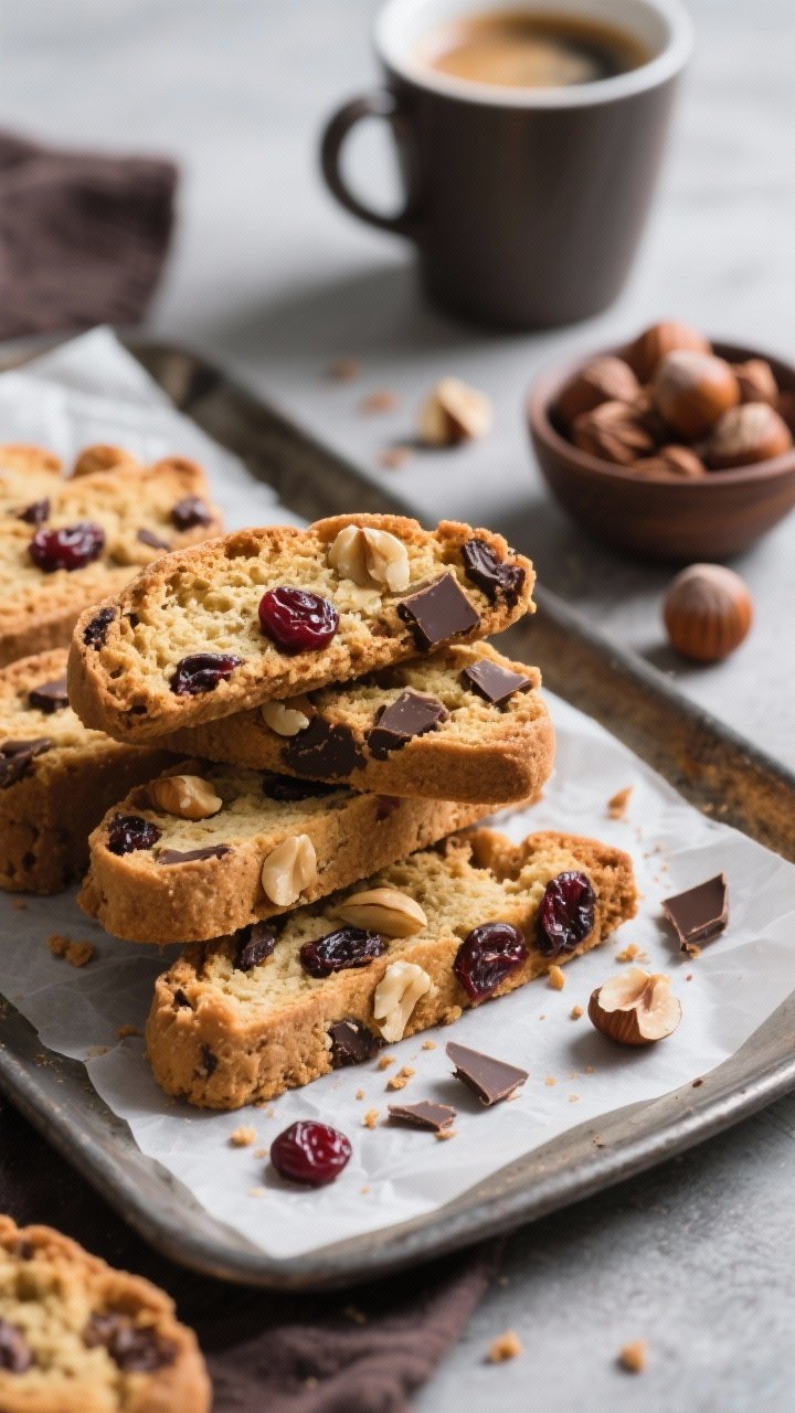 45-degree close-up of dark chocolate, cherry, and hazelnut biscotti stacked on a parchment-lined tray: twice-baked slices showing studded toasted hazelnuts, dried cherries, and dark chocolate chunks within a golden-brown crumb; a few crumbs and chocolate shards scattered; small bowl of whole hazelnuts and a cup of espresso nearby; crisp edges, rich contrast, cozy dessert mood.