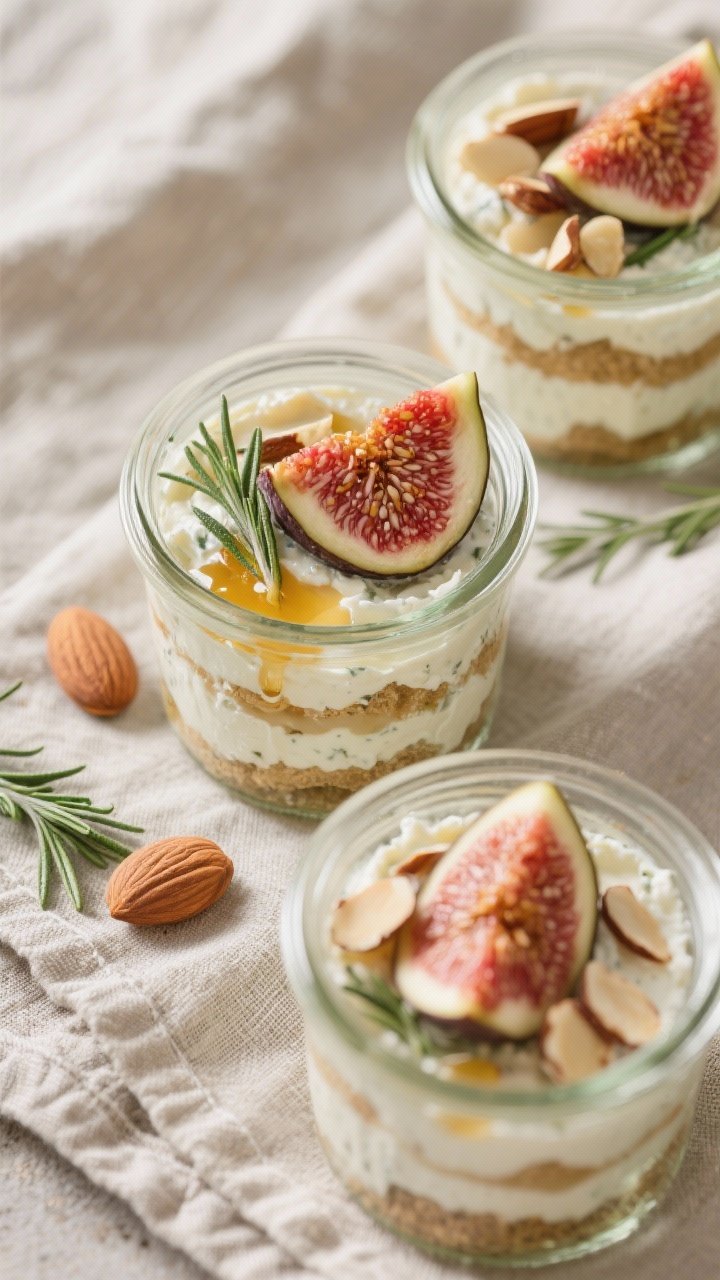 45-degree close-up of fig, almond, and herbed goat cheese picnic jar parfaits: glass jars layered with softened goat cheese mixed with thyme/rosemary, quartered fresh figs, a drizzle of honey, and sprinkled sliced almonds; textures of creamy, seedy figs, and crunchy nuts; arranged in a neat trio on a linen napkin.