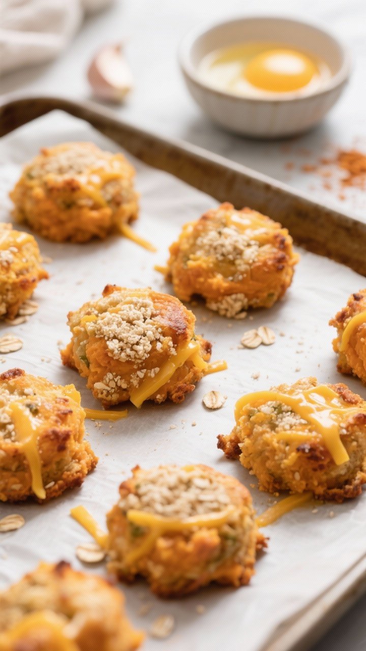 45-degree close-up of golden Pup-Approved Cheesy Sweet Potato Bites on a parchment-lined baking sheet: visible mashed sweet potato texture, melted mild cheddar strands, flecks of oat flour, cracked tops from baking powder rise, and a small bowl with beaten eggs and a dusting of garlic powder in the background; warm, crispy edges, soft interior crumbs, bright, cozy kitchen light.