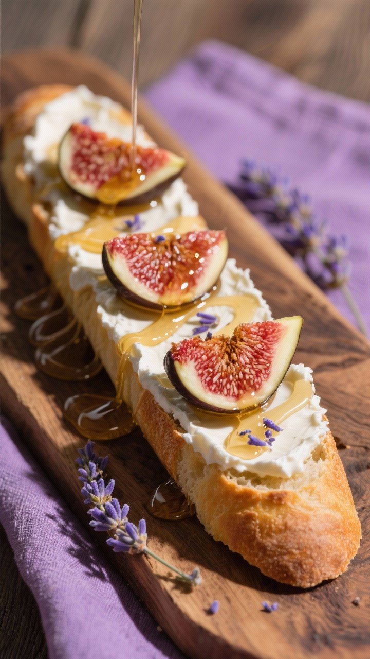 45-degree close-up of Lavender Fields goat cheese, honey, and fig baguettes: bias-cut baguette toasts smeared with creamy goat cheese, drizzled with honey, topped with fresh fig slices and a whisper of finely crushed culinary lavender; glossy honey threads catching light, rustic board, subtle purple linen accent.