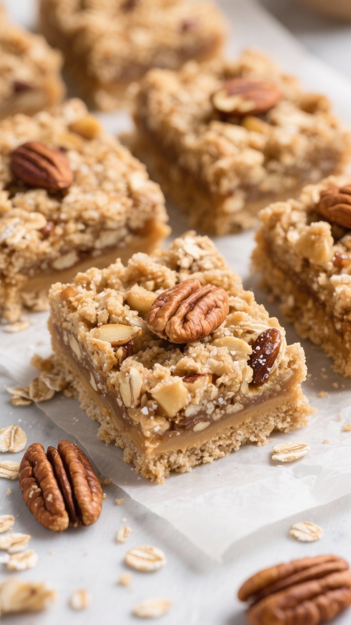 45-degree close-up of no-bake orchard crumble bars: thick oat and almond flour base bound with almond butter and maple syrup, flecked with toasted pecans/almonds, cinnamon, and a pinch of salt; bars cut into clean squares with a crumbly top pressed on; set on parchment with a few oat and nut crumbs scattered for texture.