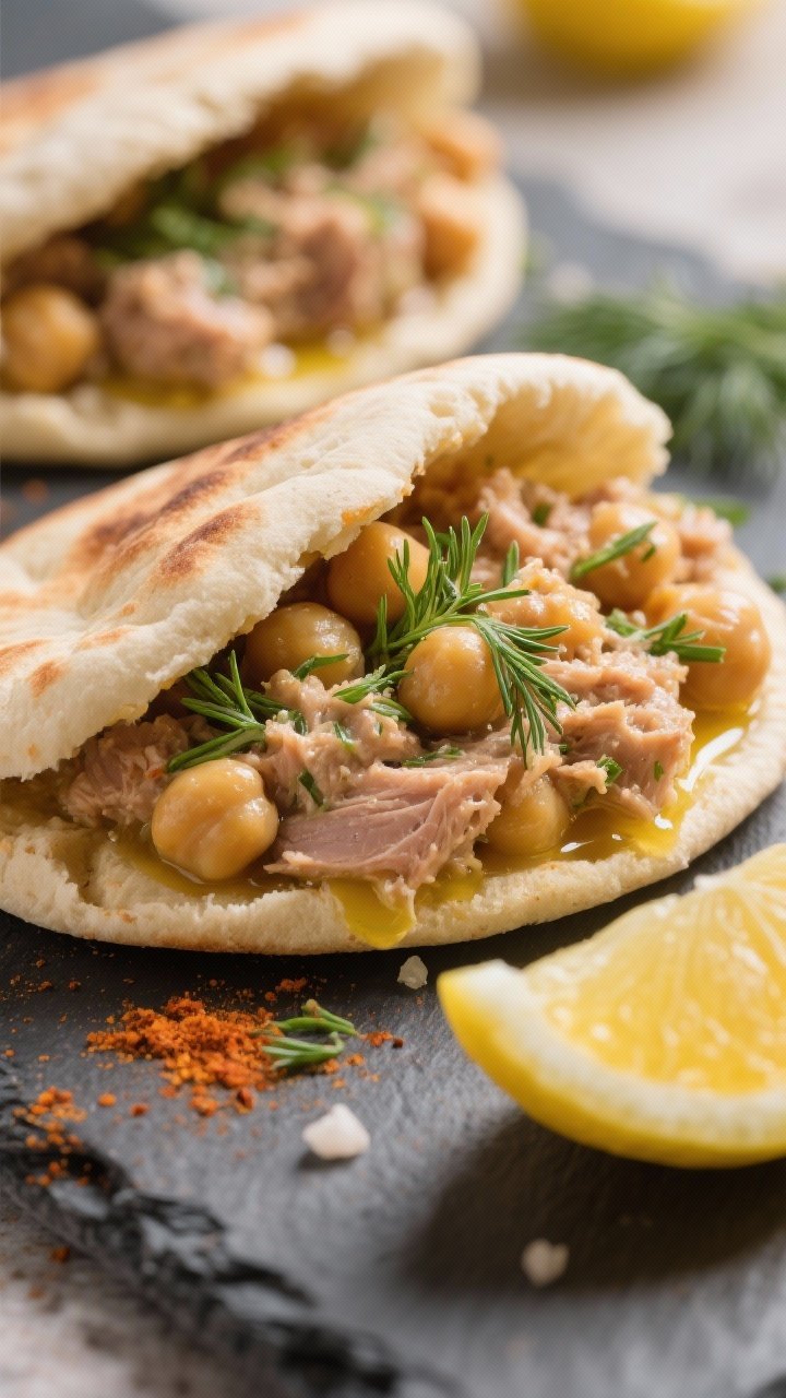 45-degree close-up of Smoky Chickpea “Tuna” Pitas: warm pita pockets stuffed with smashed chickpeas mixed with olive oil, lemon juice, Dijon, smoked paprika, garlic powder, and kosher salt; visible lemon-dill crunch garnish and finely chopped dill sprinkled over; textures of creamy-smashed chickpeas contrasted with fluffy pita, set on a rustic slate with lemon wedges, bright yet cozy light.