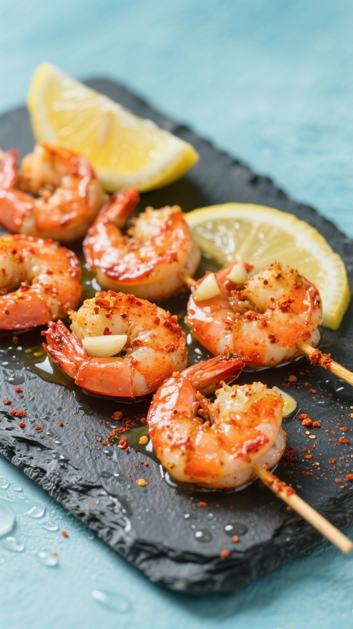 45-degree close-up of smoky paprika shrimp skewers brushed with lemon-garlic butter, served chilled on a slate platter with lemon wedges; visible red-orange paprika coating, flecks of garlic, a hint of cayenne, and a glossy butter finish; condensation on a chilled plate to suggest cold service, minimal props, bright coastal vibe.