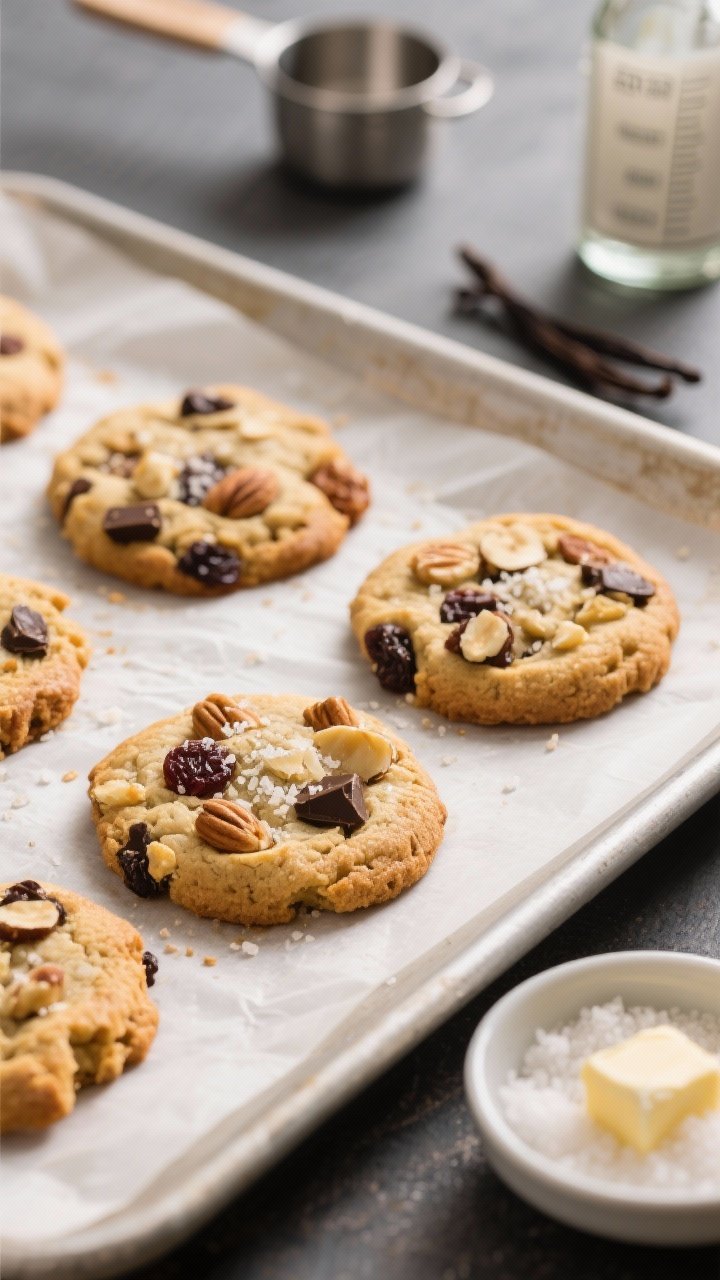 45-degree close-up of sweet-and-salty trail mix cookies cooling on a parchment-lined sheet: golden-brown edges, visible mix-ins like chopped nuts, dark chocolate chunks, and dried fruit peeking through; a small dish of flaky salt nearby for a finishing pinch; butter and sugar notes implied by a blurred background of measuring cups and vanilla bottle.